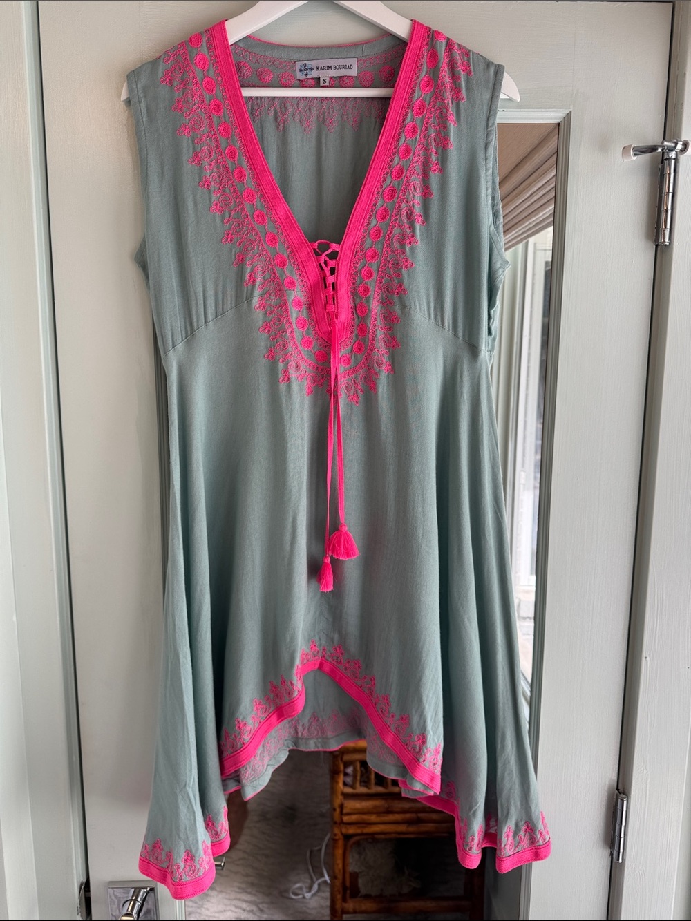 Karim Bouriad  Mint Tunic with Bright Pink Embroidery Size S